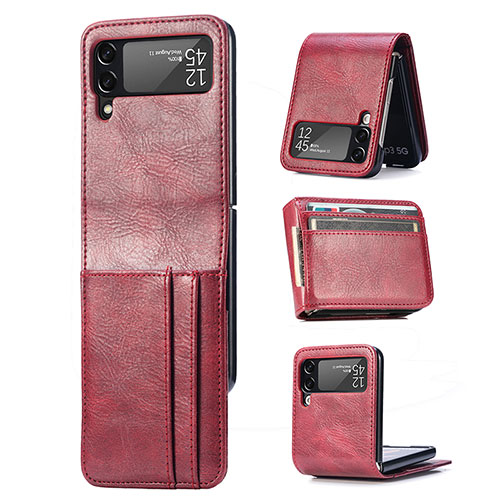 Luxury Leather Matte Finish and Plastic Back Cover Case H03 for Samsung Galaxy Z Flip3 5G Red