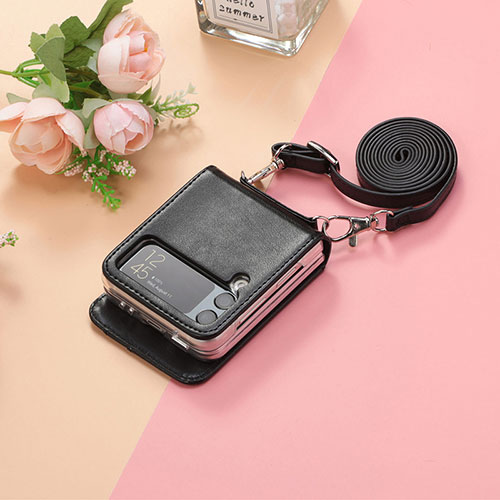 Luxury Leather Matte Finish and Plastic Back Cover Case H05 for Samsung Galaxy Z Flip3 5G Black