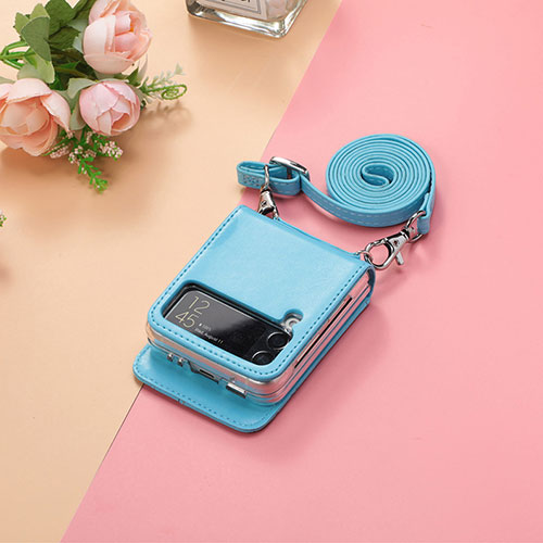 Luxury Leather Matte Finish and Plastic Back Cover Case H05 for Samsung Galaxy Z Flip3 5G Blue