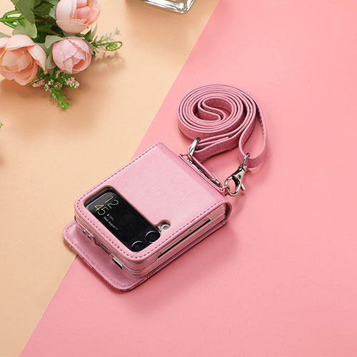 Luxury Leather Matte Finish and Plastic Back Cover Case H05 for Samsung Galaxy Z Flip3 5G Rose Gold