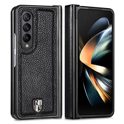 Luxury Leather Matte Finish and Plastic Back Cover Case H05 for Samsung Galaxy Z Fold3 5G Black