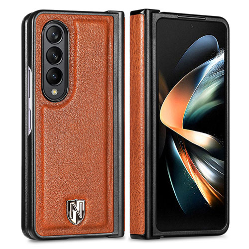 Luxury Leather Matte Finish and Plastic Back Cover Case H05 for Samsung Galaxy Z Fold3 5G Brown