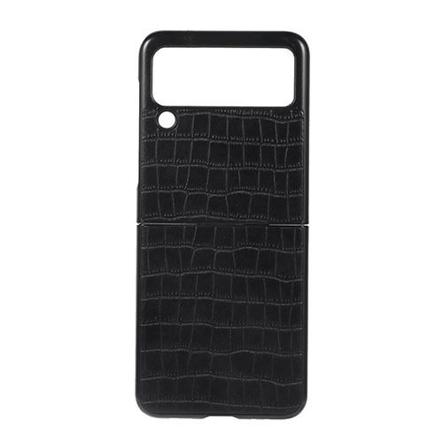 Luxury Leather Matte Finish and Plastic Back Cover Case H06 for Samsung Galaxy Z Flip3 5G Black