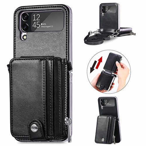 Luxury Leather Matte Finish and Plastic Back Cover Case H06 for Samsung Galaxy Z Flip4 5G Black