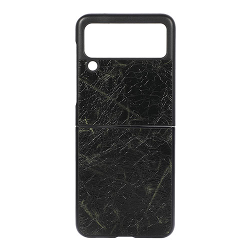 Luxury Leather Matte Finish and Plastic Back Cover Case H07 for Samsung Galaxy Z Flip3 5G Black