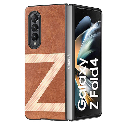 Luxury Leather Matte Finish and Plastic Back Cover Case H08 for Samsung Galaxy Z Fold3 5G Brown