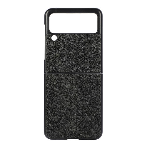 Luxury Leather Matte Finish and Plastic Back Cover Case H09 for Samsung Galaxy Z Flip3 5G Black