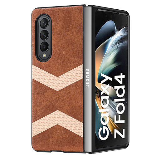 Luxury Leather Matte Finish and Plastic Back Cover Case H09 for Samsung Galaxy Z Fold4 5G Brown