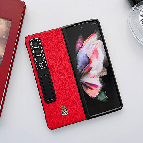 Luxury Leather Matte Finish and Plastic Back Cover Case L03 for Samsung Galaxy Z Fold3 5G Red