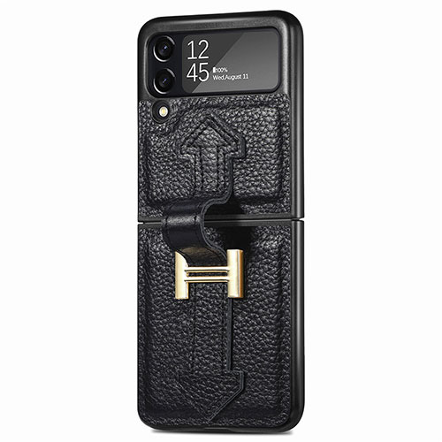 Luxury Leather Matte Finish and Plastic Back Cover Case L05 for Samsung Galaxy Z Flip3 5G Black