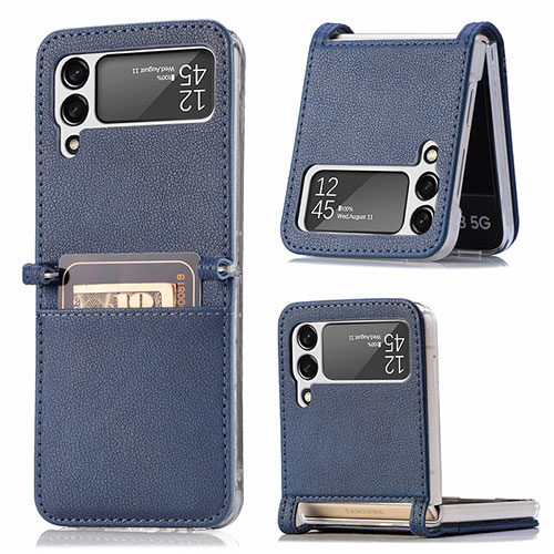 Luxury Leather Matte Finish and Plastic Back Cover Case L05 for Samsung Galaxy Z Flip4 5G Blue