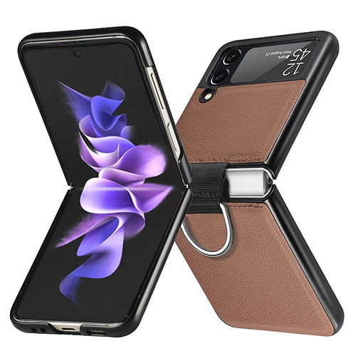 Luxury Leather Matte Finish and Plastic Back Cover Case L06 for Samsung Galaxy Z Flip3 5G Brown