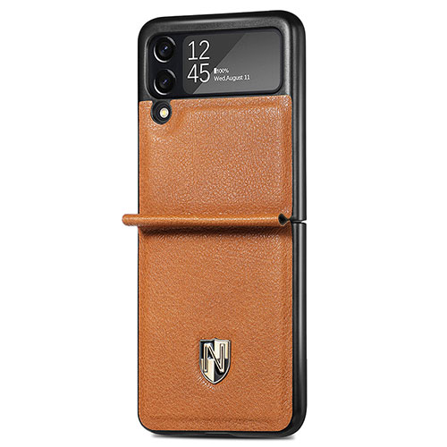 Luxury Leather Matte Finish and Plastic Back Cover Case L07 for Samsung Galaxy Z Flip3 5G Brown