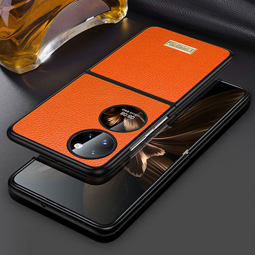 Luxury Leather Matte Finish and Plastic Back Cover Case LD1 for Huawei P50 Pocket Orange