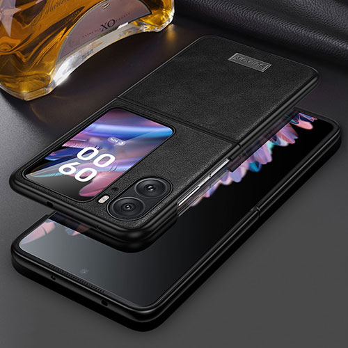 Luxury Leather Matte Finish and Plastic Back Cover Case LD1 for Oppo Find N2 Flip 5G Black