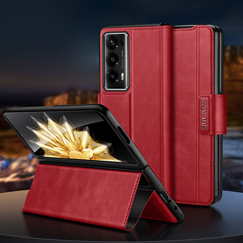 Luxury Leather Matte Finish and Plastic Back Cover Case LD2 for Huawei Honor Magic V2 5G Red