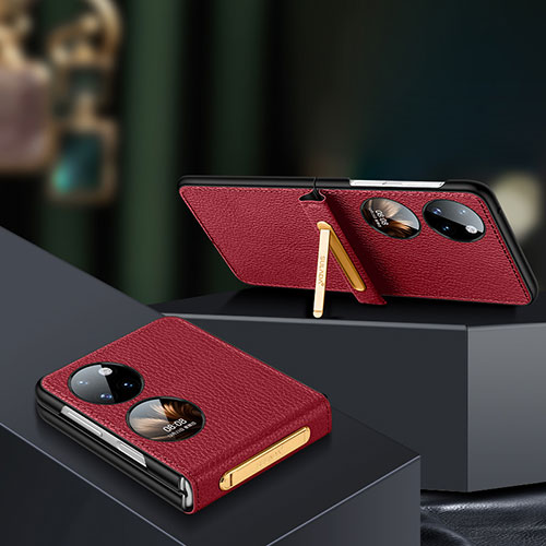 Luxury Leather Matte Finish and Plastic Back Cover Case LD2 for Huawei P50 Pocket Red