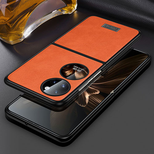 Luxury Leather Matte Finish and Plastic Back Cover Case LD3 for Huawei P50 Pocket Orange