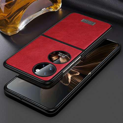 Luxury Leather Matte Finish and Plastic Back Cover Case LD3 for Huawei P50 Pocket Red