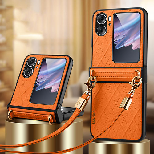 Luxury Leather Matte Finish and Plastic Back Cover Case LD3 for Oppo Find N2 Flip 5G Orange