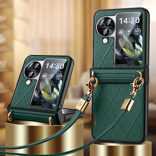 Luxury Leather Matte Finish and Plastic Back Cover Case LD3 for Oppo Find N3 Flip 5G Green