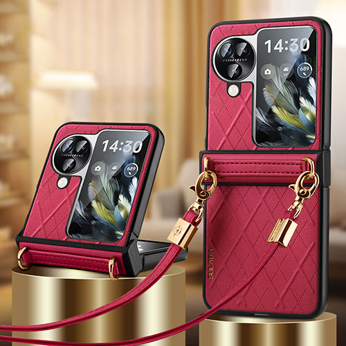 Luxury Leather Matte Finish and Plastic Back Cover Case LD3 for Oppo Find N3 Flip 5G Red