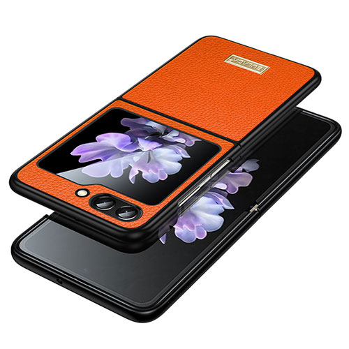 Luxury Leather Matte Finish and Plastic Back Cover Case LD3 for Samsung Galaxy Z Flip5 5G Orange