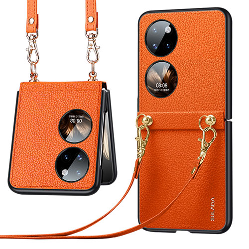 Luxury Leather Matte Finish and Plastic Back Cover Case LD5 for Huawei P50 Pocket Orange