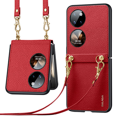 Luxury Leather Matte Finish and Plastic Back Cover Case LD5 for Huawei P50 Pocket Red