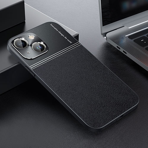 Luxury Leather Matte Finish and Plastic Back Cover Case QC1 for Apple iPhone 14 Black