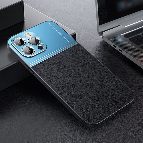 Luxury Leather Matte Finish and Plastic Back Cover Case QC1 for Apple iPhone 14 Pro Blue