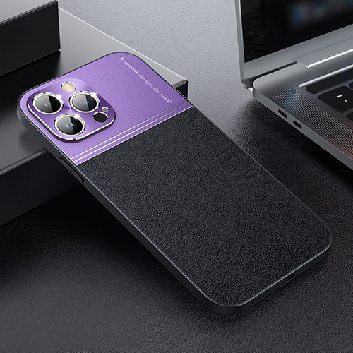 Luxury Leather Matte Finish and Plastic Back Cover Case QC1 for Apple iPhone 15 Pro Max Purple