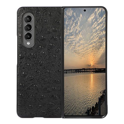 Luxury Leather Matte Finish and Plastic Back Cover Case R01 for Samsung Galaxy Z Fold3 5G Black