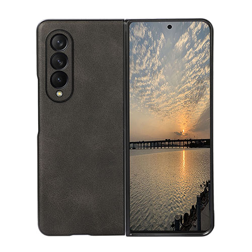 Luxury Leather Matte Finish and Plastic Back Cover Case R02 for Samsung Galaxy Z Fold4 5G Black