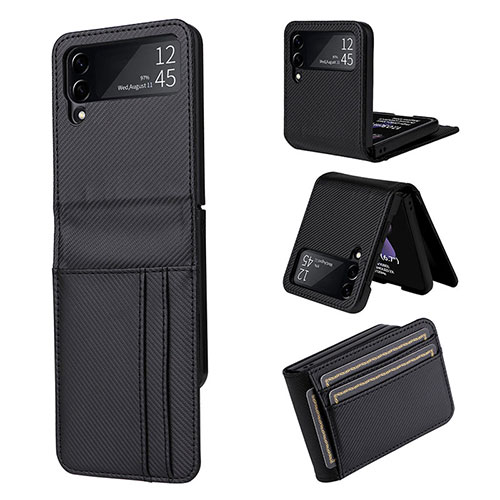 Luxury Leather Matte Finish and Plastic Back Cover Case R03 for Samsung Galaxy Z Flip3 5G Black