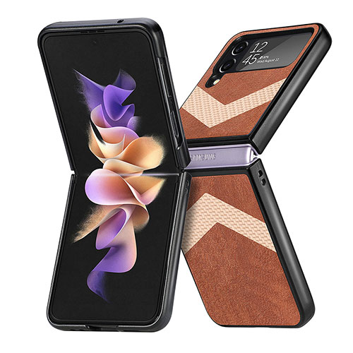 Luxury Leather Matte Finish and Plastic Back Cover Case R03 for Samsung Galaxy Z Flip4 5G Brown