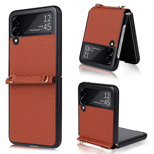 Luxury Leather Matte Finish and Plastic Back Cover Case R08 for Samsung Galaxy Z Flip3 5G Brown