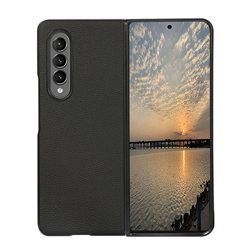 Luxury Leather Matte Finish and Plastic Back Cover Case R08 for Samsung Galaxy Z Fold3 5G Black