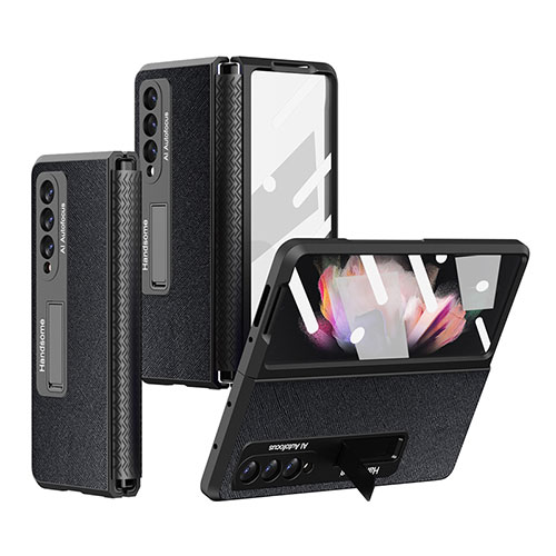 Luxury Leather Matte Finish and Plastic Back Cover Case R09 for Samsung Galaxy Z Fold3 5G Black
