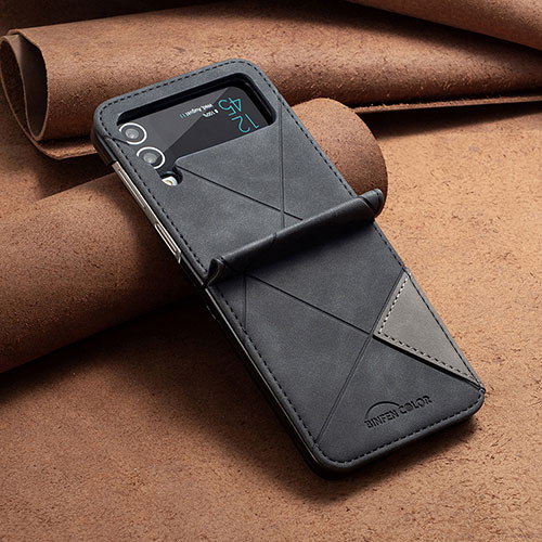 Luxury Leather Matte Finish and Plastic Back Cover Case S01 for Samsung Galaxy Z Flip4 5G Black