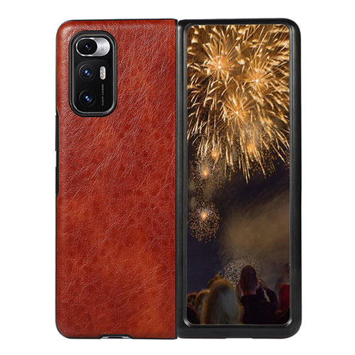 Luxury Leather Matte Finish and Plastic Back Cover Case S01 for Xiaomi Mix Fold 5G Brown