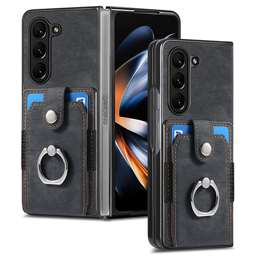 Luxury Leather Matte Finish and Plastic Back Cover Case S01D for Samsung Galaxy Z Fold5 5G Black