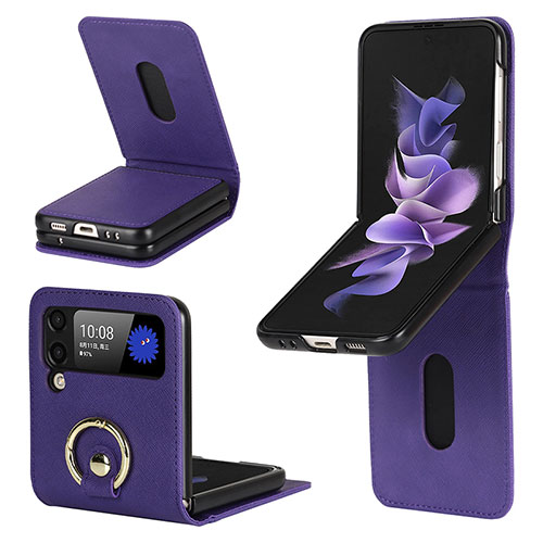 Luxury Leather Matte Finish and Plastic Back Cover Case S02 for Samsung Galaxy Z Flip3 5G Purple