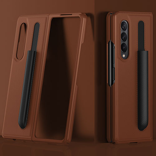 Luxury Leather Matte Finish and Plastic Back Cover Case S02 for Samsung Galaxy Z Fold4 5G Brown