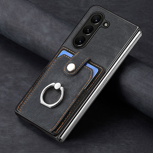 Luxury Leather Matte Finish and Plastic Back Cover Case S02D for Samsung Galaxy Z Fold5 5G Black