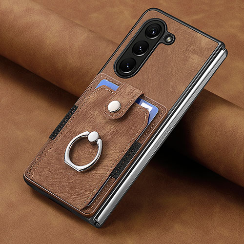 Luxury Leather Matte Finish and Plastic Back Cover Case S02D for Samsung Galaxy Z Fold5 5G Brown