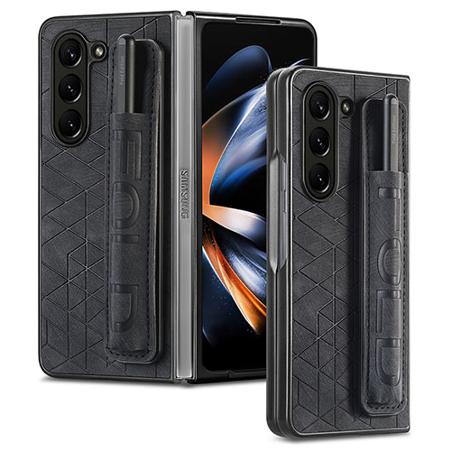 Luxury Leather Matte Finish and Plastic Back Cover Case S03D for Samsung Galaxy Z Fold5 5G Black