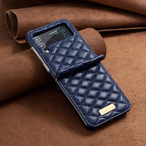 Luxury Leather Matte Finish and Plastic Back Cover Case S04 for Samsung Galaxy Z Flip4 5G Blue