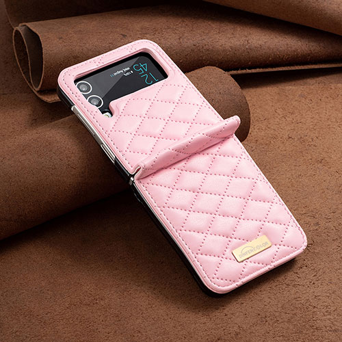 Luxury Leather Matte Finish and Plastic Back Cover Case S04 for Samsung Galaxy Z Flip4 5G Rose Gold