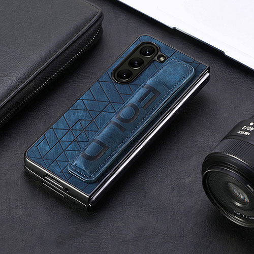 Luxury Leather Matte Finish and Plastic Back Cover Case S04D for Samsung Galaxy Z Fold5 5G Blue